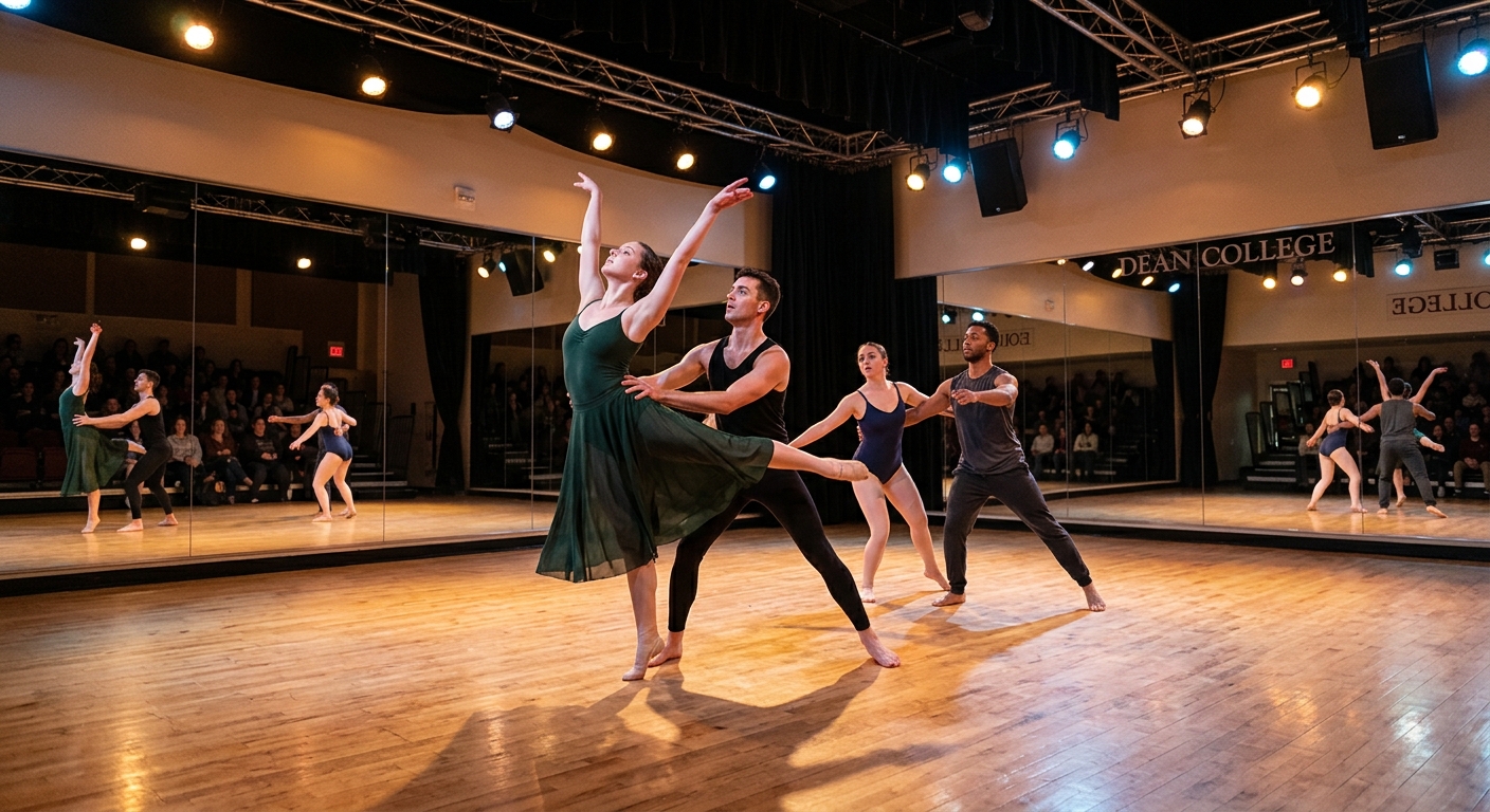 Dancers performing in a professional studio at Dean College, spotlights illuminating graceful movement, mirrored walls and sprung wooden floors, warm stage lighting creating dramatic shadows
