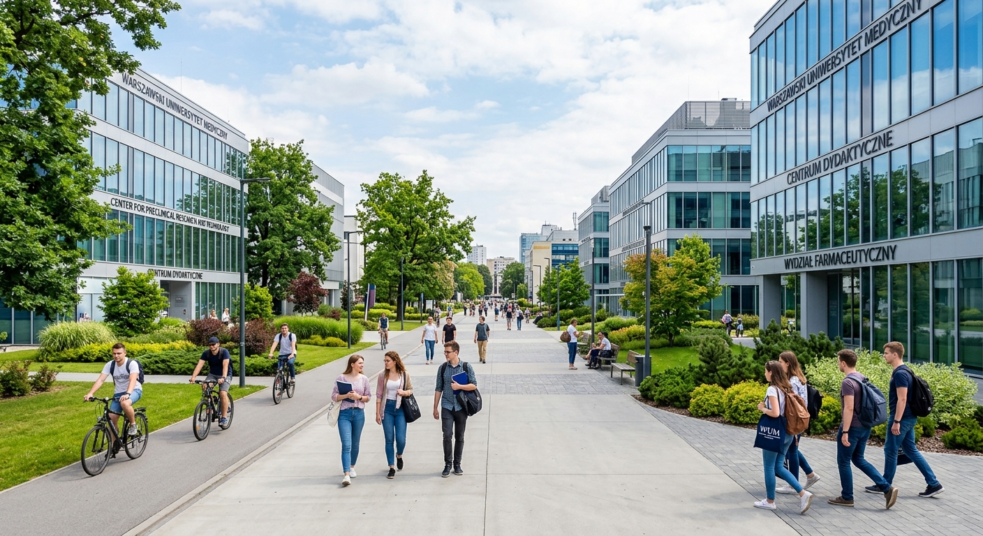 Banacha Campus of Medical University of Warsaw, modern university buildings with glass facades, wide pedestrian walkways, green landscaping, students walking between buildings