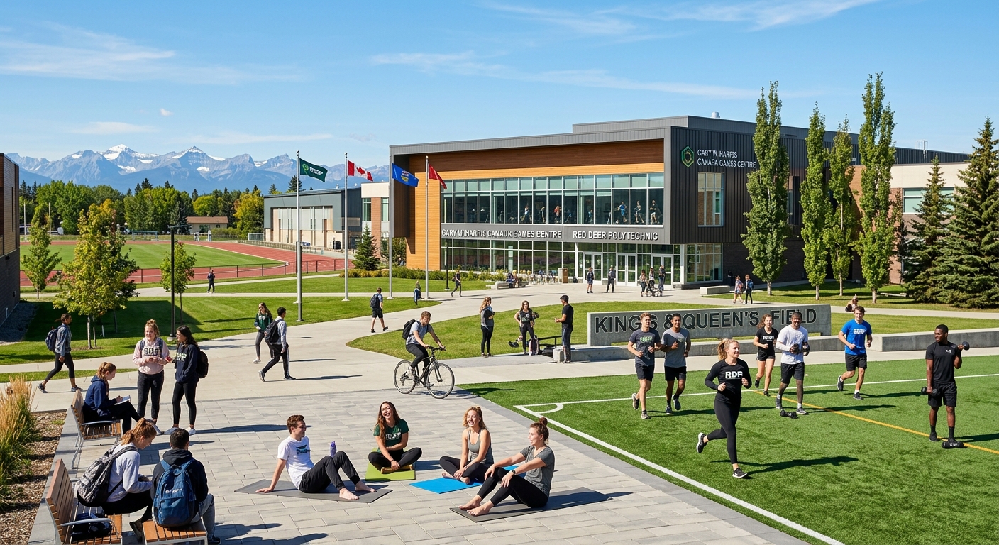Red Deer Polytechnic campus in Alberta Canada with modern athletic and health sciences facilities, students exercising outdoors, Canadian Rockies visible in the background, bright sunny day