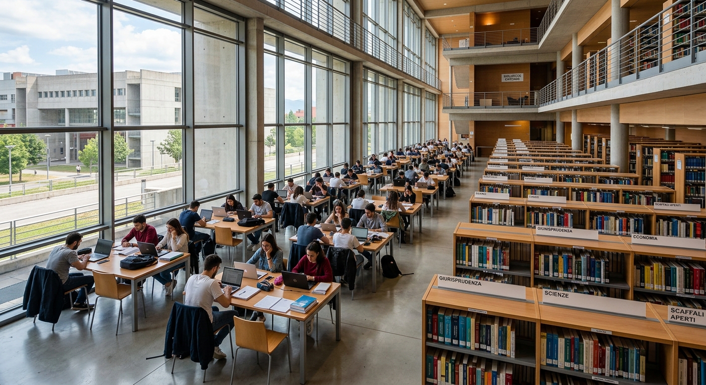 University of Calabria modern library interior, students studying at desks, bookshelves with academic volumes, bright natural lighting through large windows