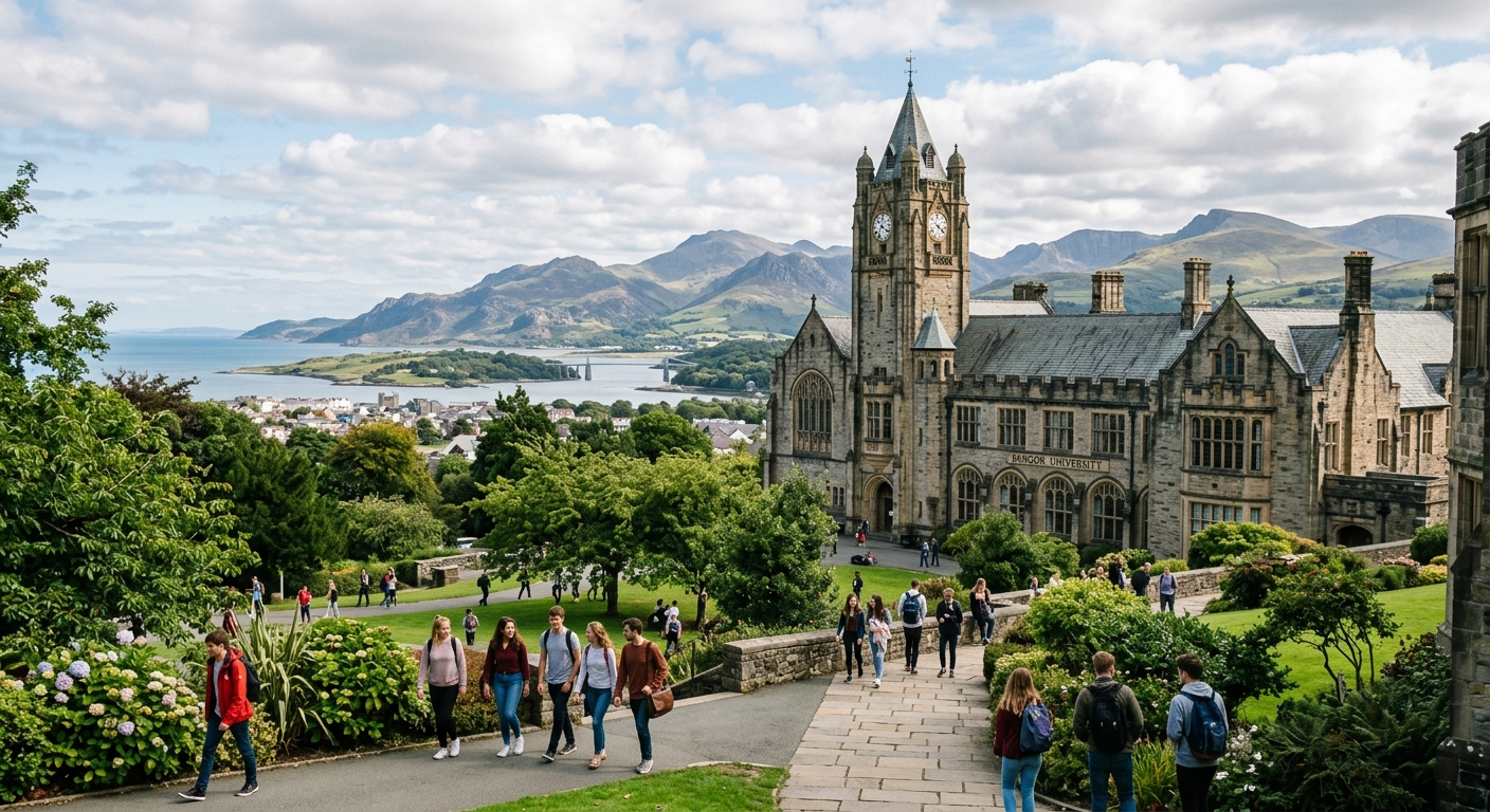 Bangor University historic main building with clock tower set against the backdrop of Snowdonia mountains, green campus grounds with students walking, North Wales coastal landscape visible in the distance
