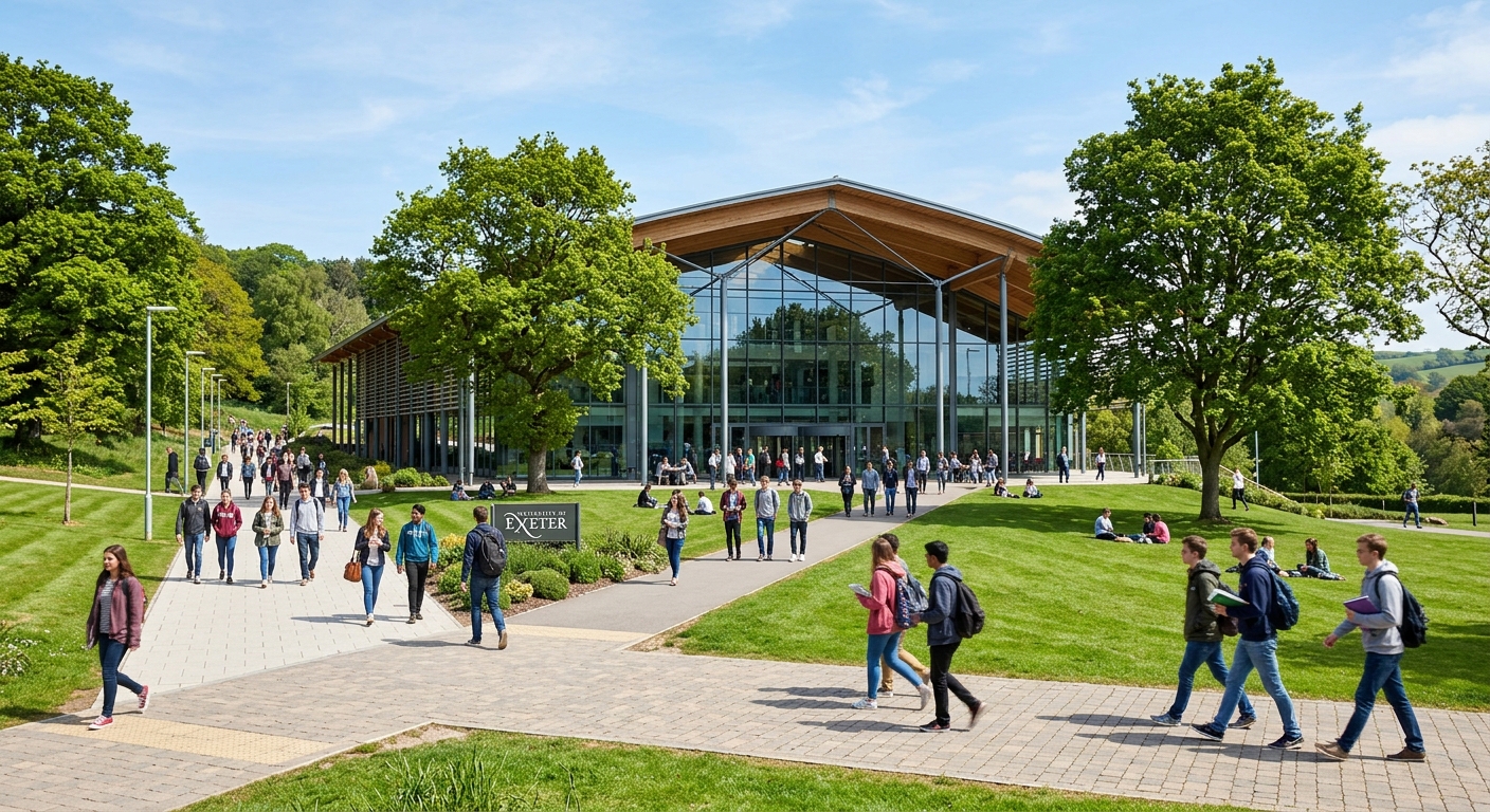 University of Exeter Streatham Campus, The Forum modern glass and steel building, students walking on pathways, green lawns and mature trees, bright daylight