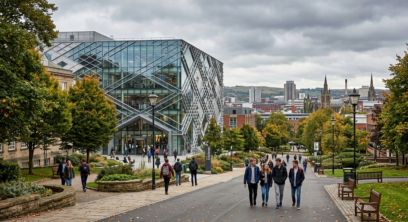 University of Sheffield campus with The Diamond building, modern glass and steel architecture, students walking along tree-lined paths, Sheffield cityscape in background, overcast British sky