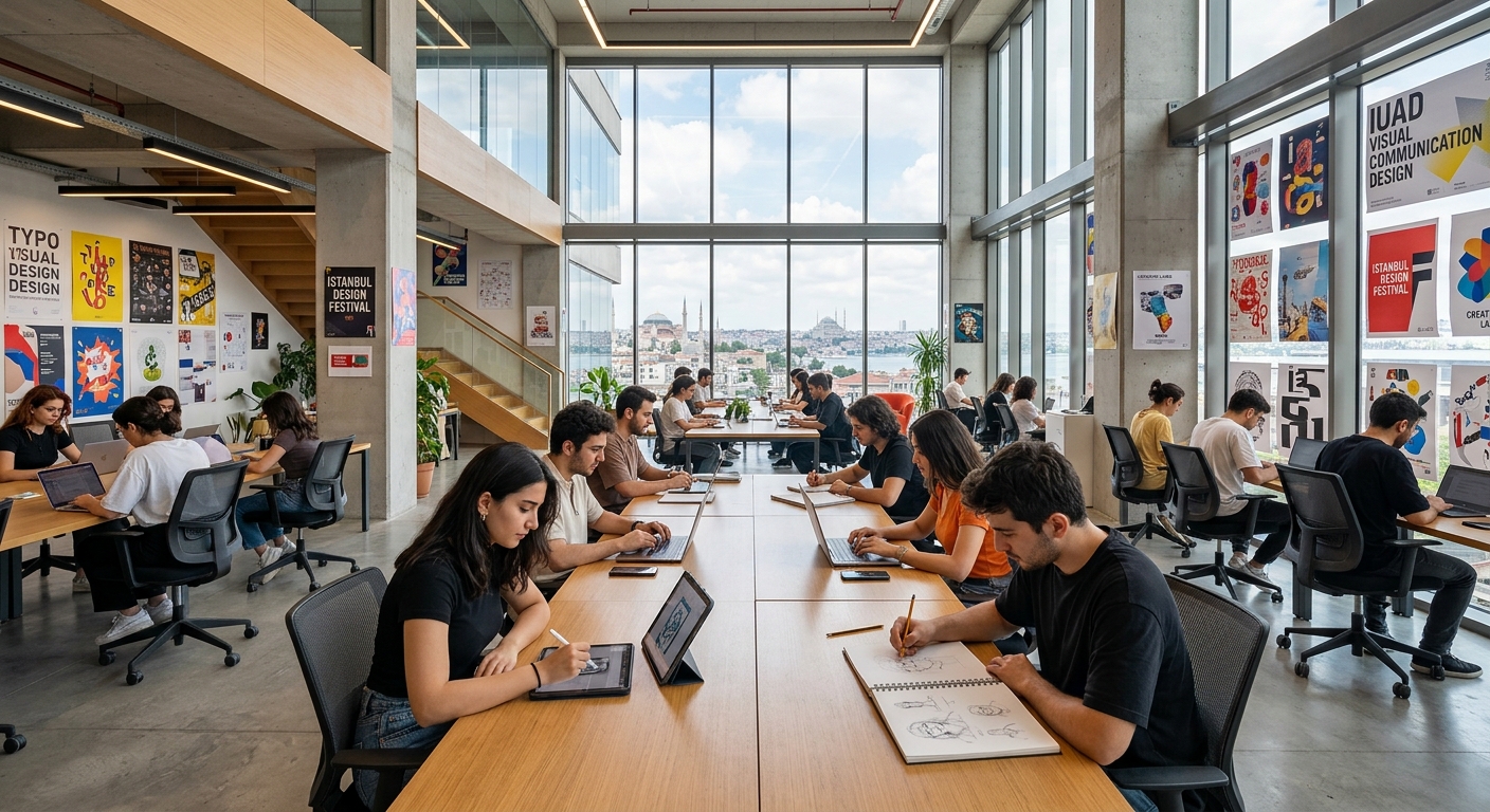 Modern university campus building in Istanbul with design students working on digital tablets and sketchbooks, colorful graphic design posters displayed on walls, bright contemporary interior with large windows overlooking the city skyline