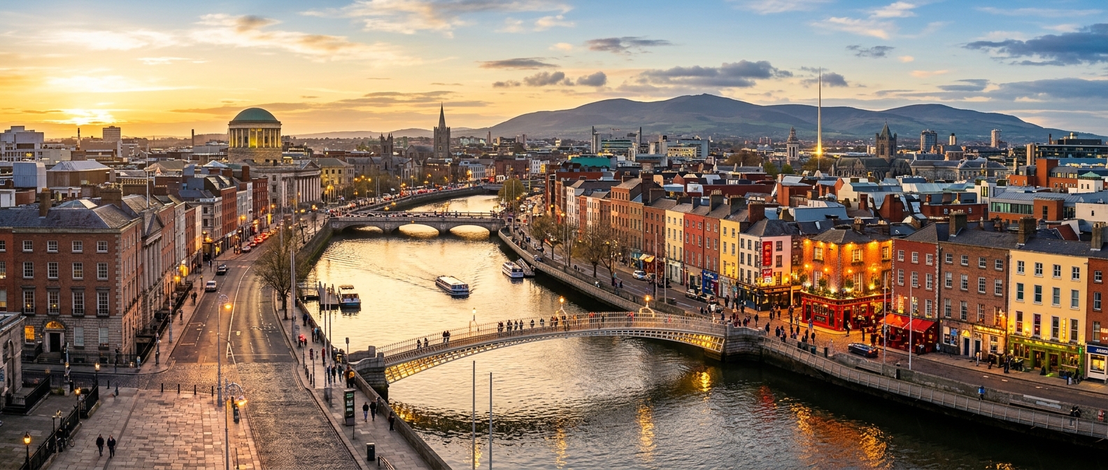 Panoramic view of Dublin city skyline along the River Liffey at golden hour, showing the Ha'penny Bridge, colourful Georgian buildings, Temple Bar area, and the Wicklow Mountains in the distance
