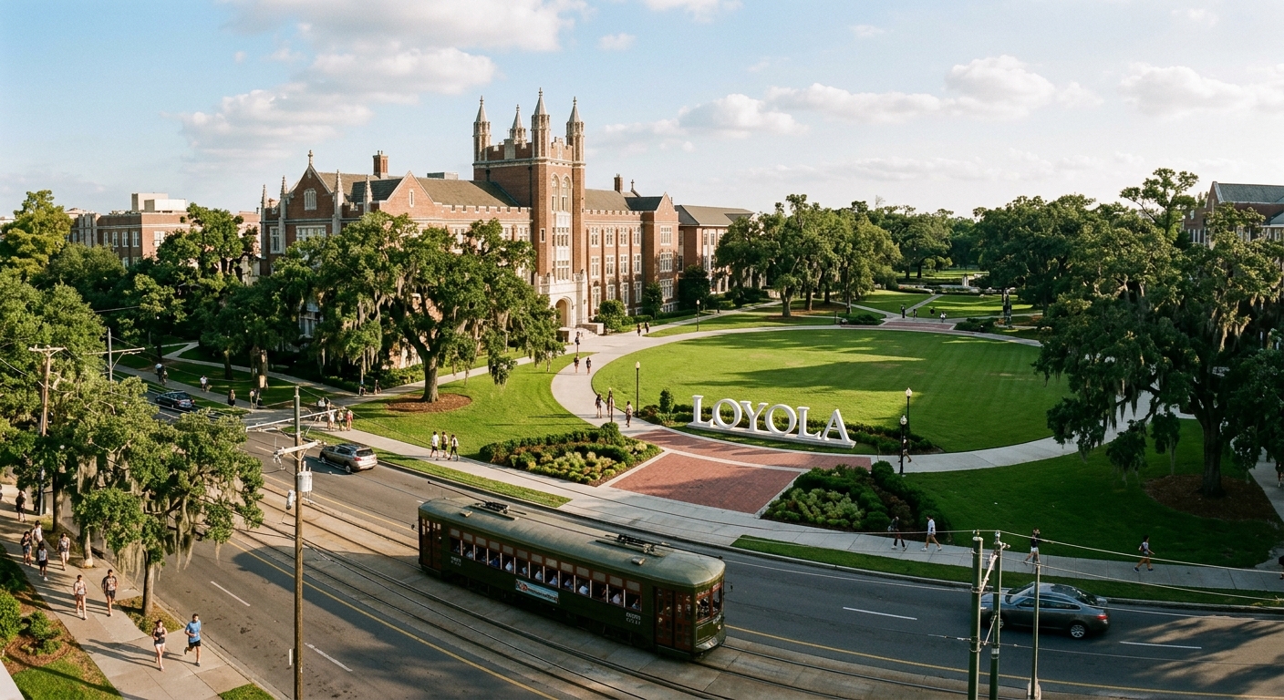 Loyola University New Orleans main campus wide shot showing Tudor Gothic Marquette Hall and the iconic horseshoe lawn with LOYOLA letters, St. Charles Avenue in foreground, live oak trees and Audubon Park visible in background, warm afternoon light