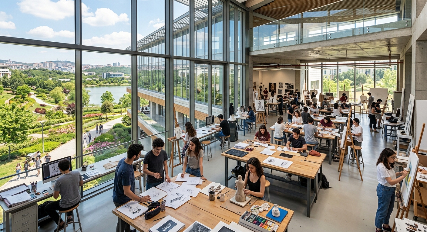 Modern art and design campus at Sabancı University in Istanbul, Turkey, featuring contemporary architecture with large glass windows, students working on creative projects in an open studio space, natural light flooding in, surrounded by lush green campus grounds