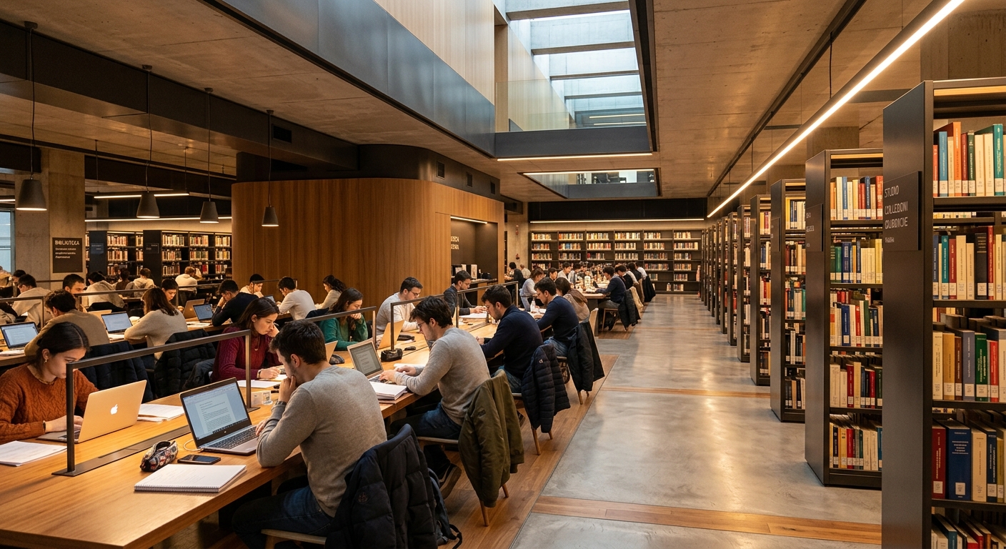 Modern university library interior at Cattolica Milan, underground library with contemporary lighting, rows of bookshelves, students studying at desks, warm ambient lighting