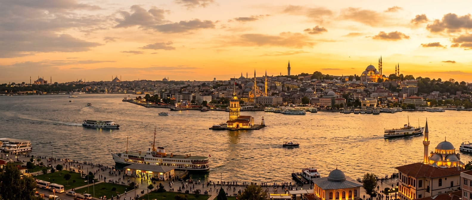 Panoramic view of Üsküdar district in Istanbul, Maiden's Tower (Kız Kulesi) in the Bosphorus, historic mosques and minarets along the waterfront, ferry boats crossing the strait, golden sunset light reflecting on the water