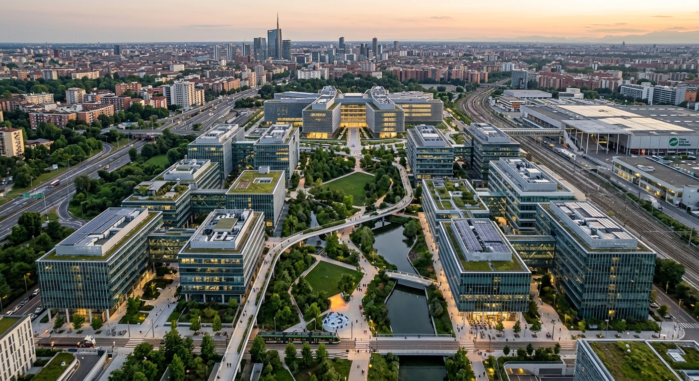 Aerial rendering of the futuristic MIND Milano Innovation District campus with glass and steel buildings, green spaces, modern walkways, and the Human Technopole research center in the background