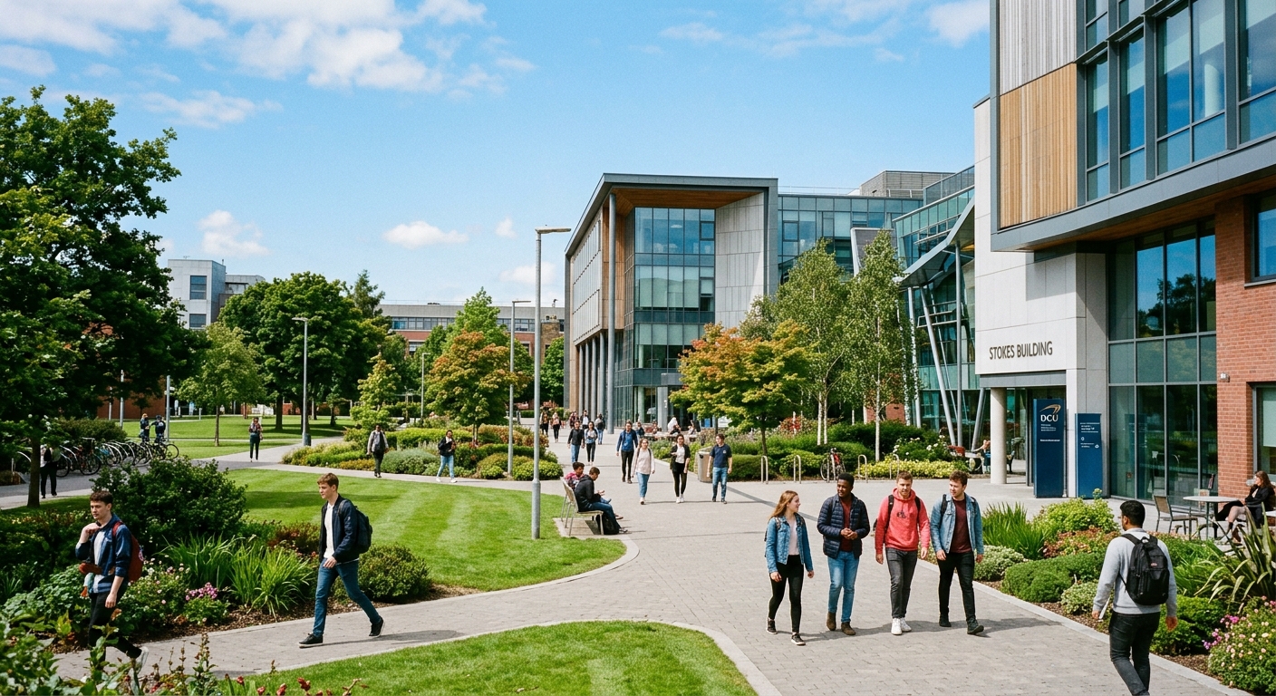 Dublin City University Glasnevin campus with modern academic buildings, green landscaped grounds, students walking along pathways, clear Irish sky, contemporary architecture blending with natural surroundings