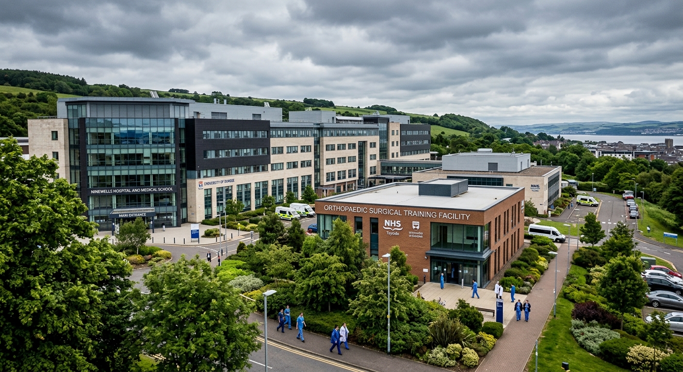 Ninewells Hospital and University of Dundee medical campus in Scotland, modern clinical building with green surroundings, orthopaedic surgical training facility, overcast Scottish sky