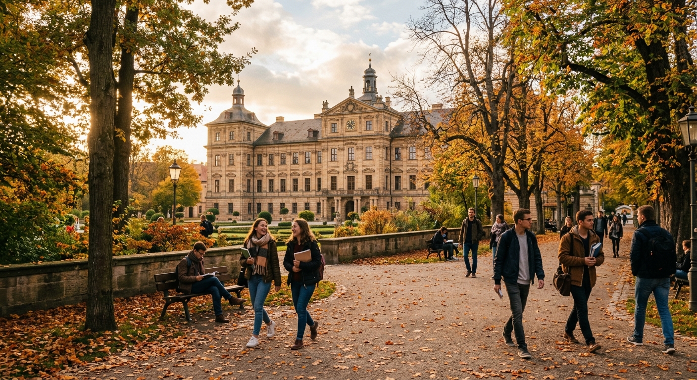 Historic Erlangen university campus with Baroque Schloss building in the background, students walking through the tree-lined Schlossgarten park, warm autumn sunlight filtering through foliage, academic atmosphere in a charming Bavarian city
