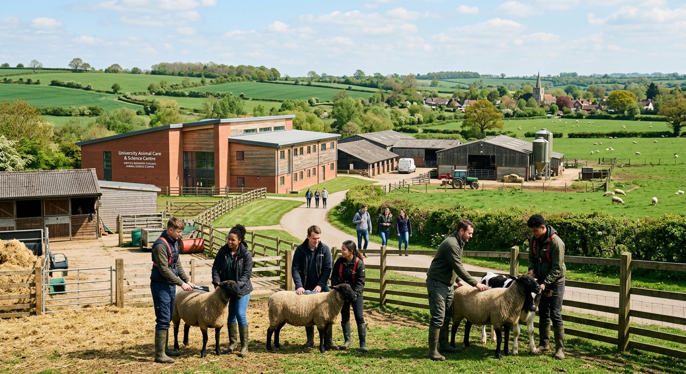 Picturesque rural university campus with green fields, animal care facilities, students working with animals outdoors, Essex countryside setting with modern teaching buildings and farm structures