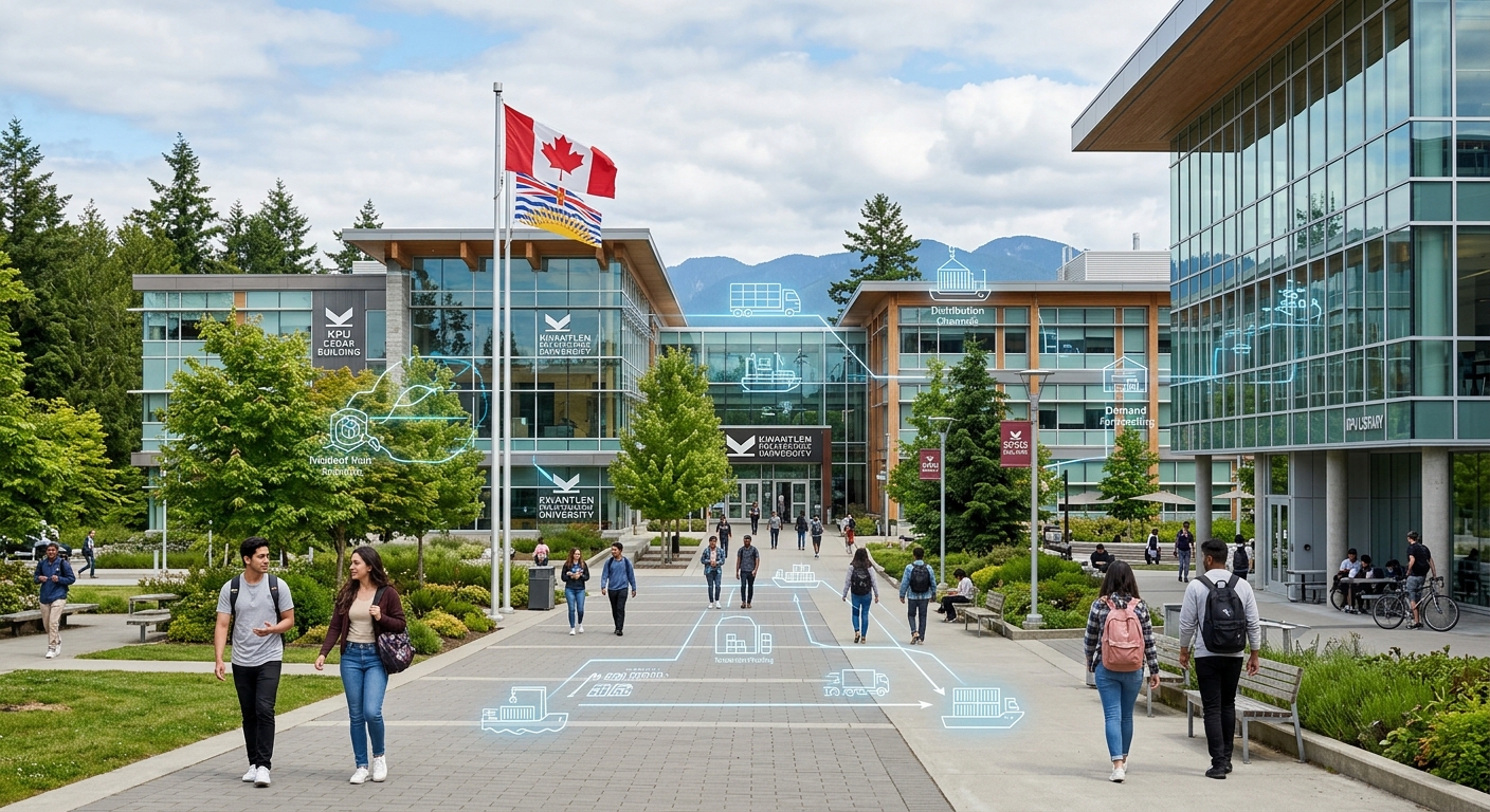 Modern polytechnic university campus in Surrey, British Columbia, with glass-fronted buildings, students walking along tree-lined pathways, Canadian flag visible, supply chain logistics graphics overlaid subtly