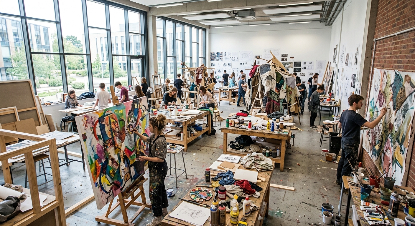 Bright contemporary art studio at Arts University Bournemouth with students working on large-scale paintings and mixed-media installations, natural light streaming through tall windows, creative tools and materials visible on workbenches