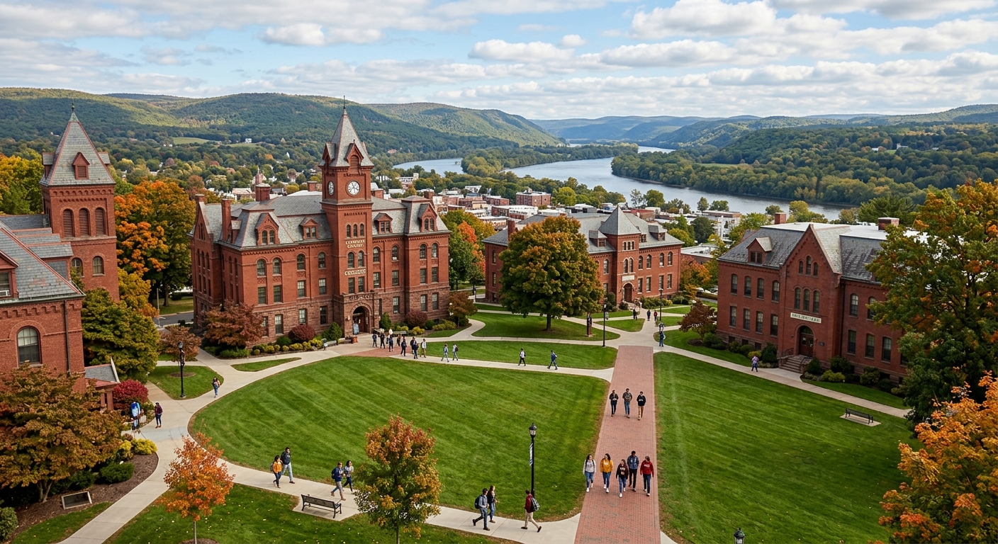 Historic red-brick campus buildings at Lycoming College in Williamsport Pennsylvania, green lawns with mature trees, students walking on pathways, Susquehanna River valley visible in background