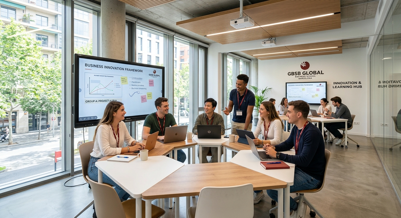 GBSB Global Barcelona campus interior, modern smart classroom with digital touch boards, collaborative workspace, students engaged in group discussion, bright natural lighting