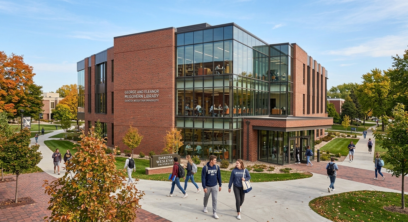 George and Eleanor McGovern Library at Dakota Wesleyan University, modern brick and glass building with study areas visible through large windows, students walking on pathways