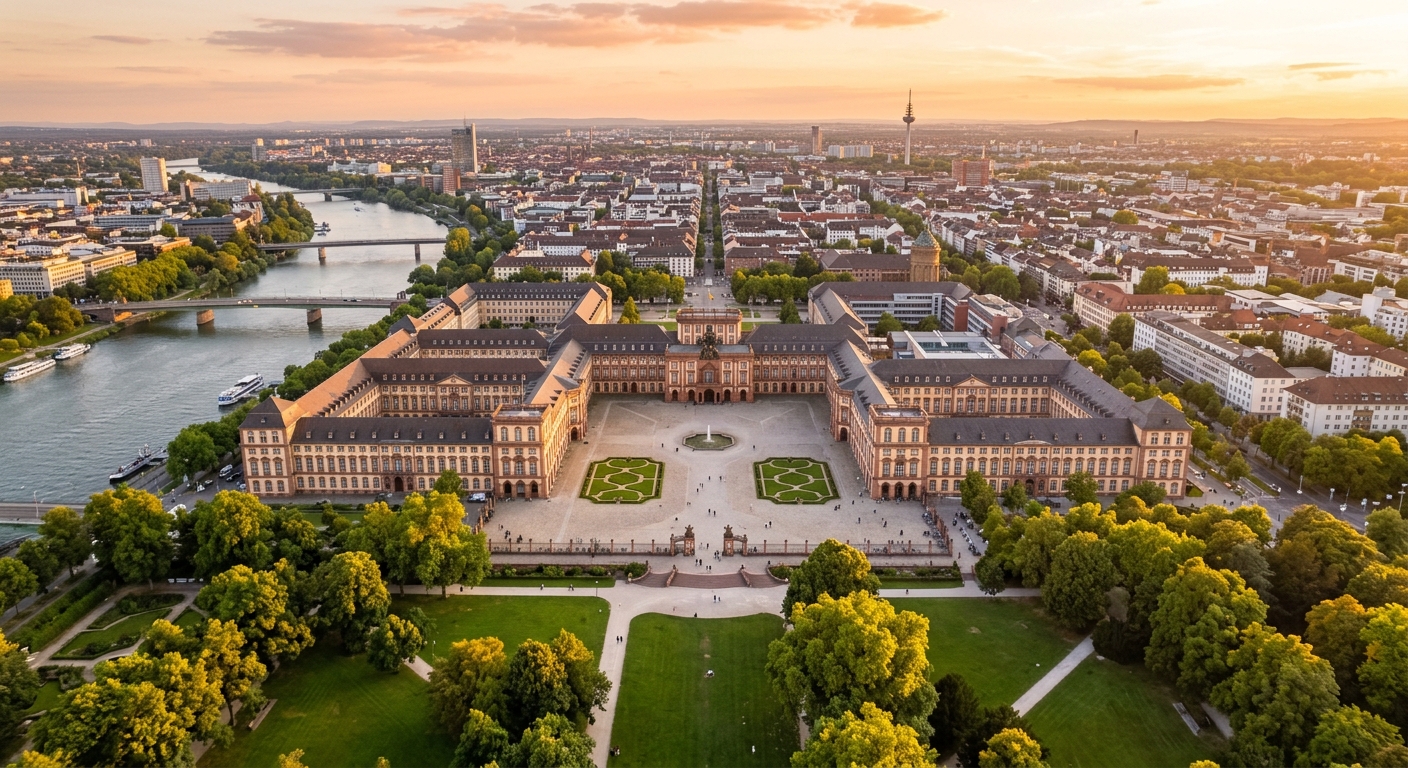 Aerial view of Mannheim Palace (Schloss Mannheim), a vast Baroque palace complex with symmetrical wings and a grand courtyard, University of Mannheim campus, green lawns and trees in foreground, city of Mannheim in the background, warm golden hour light