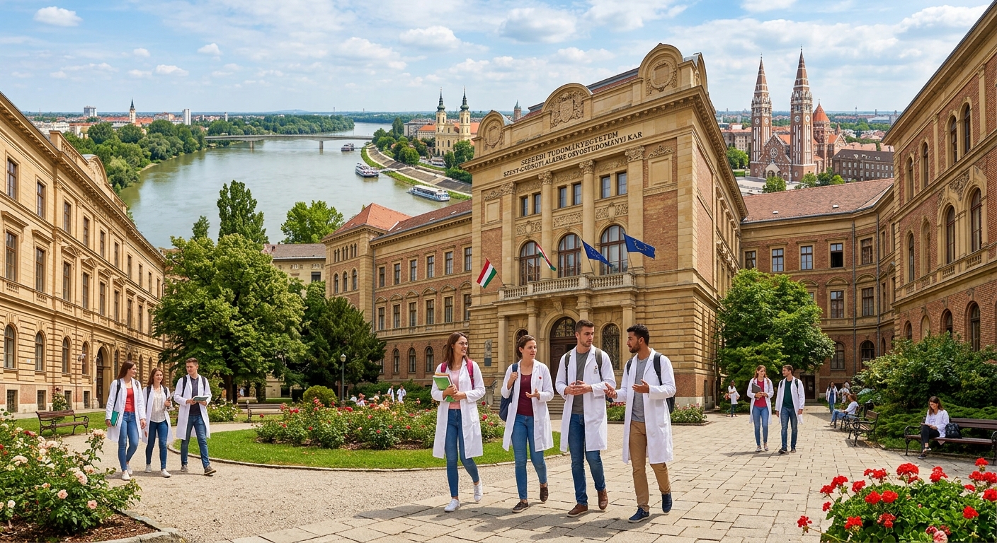 University of Szeged Albert Szent-Györgyi Medical School campus, historic Hungarian university buildings along the River Tisza, medical students walking through courtyard, sunny day in Szeged Hungary
