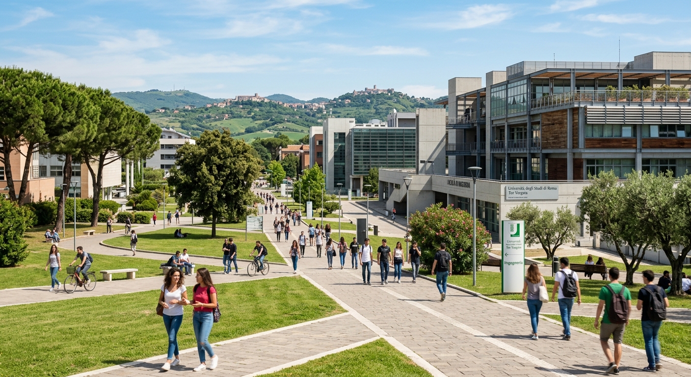 Modern engineering campus of University of Rome Tor Vergata, wide green campus with contemporary academic buildings, students walking along pathways, Roman hills in the background, bright Mediterranean sunlight