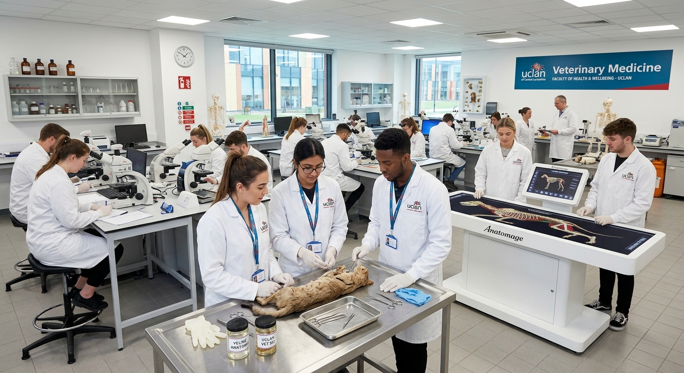 Modern university veterinary science laboratory with students in lab coats examining animal specimens, microscopes and Anatomage virtual dissection tables visible, bright clinical lighting at the University of Lancashire Preston campus