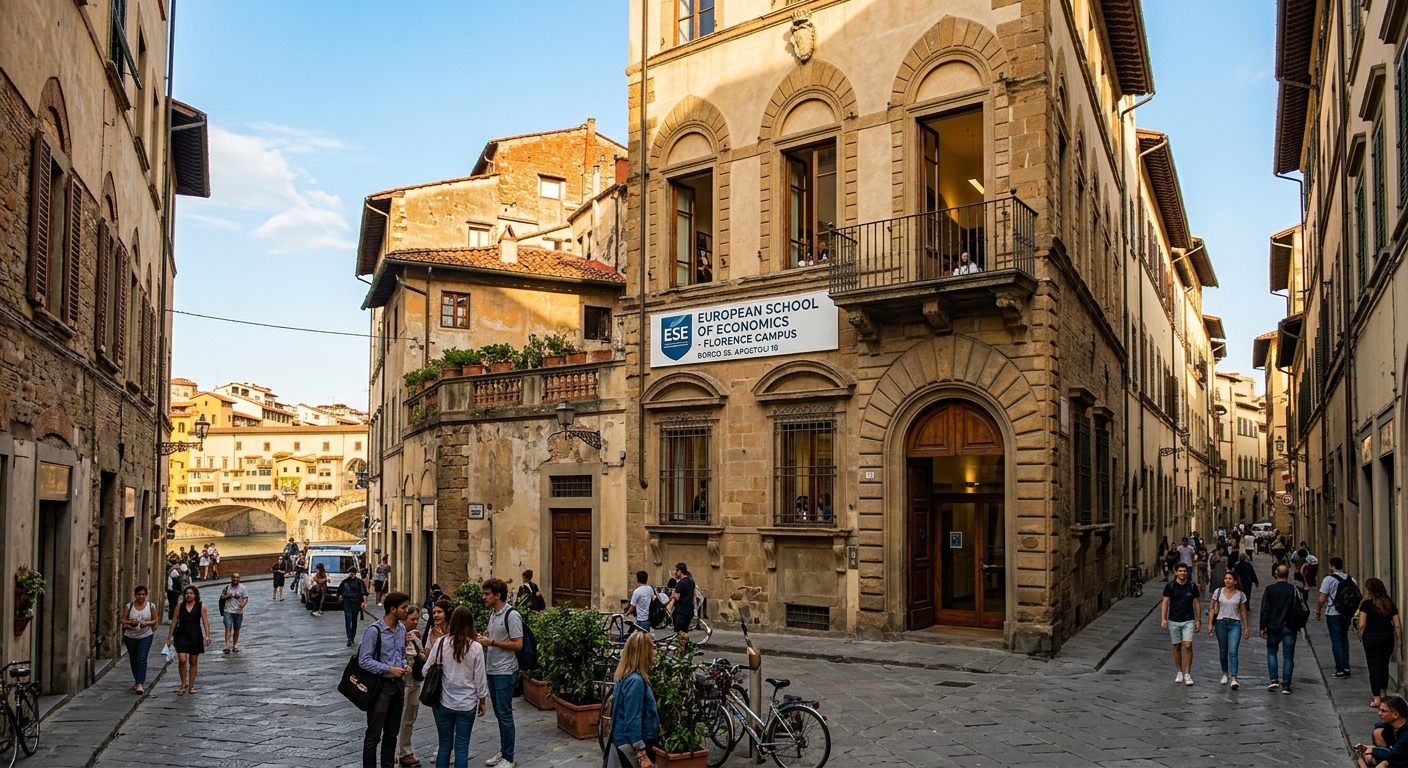 European School of Economics Florence campus in a Renaissance palazzo on Borgo Santi Apostoli, historic Florentine architecture, terracotta rooftops, Ponte Vecchio visible in the background, warm Mediterranean sunlight