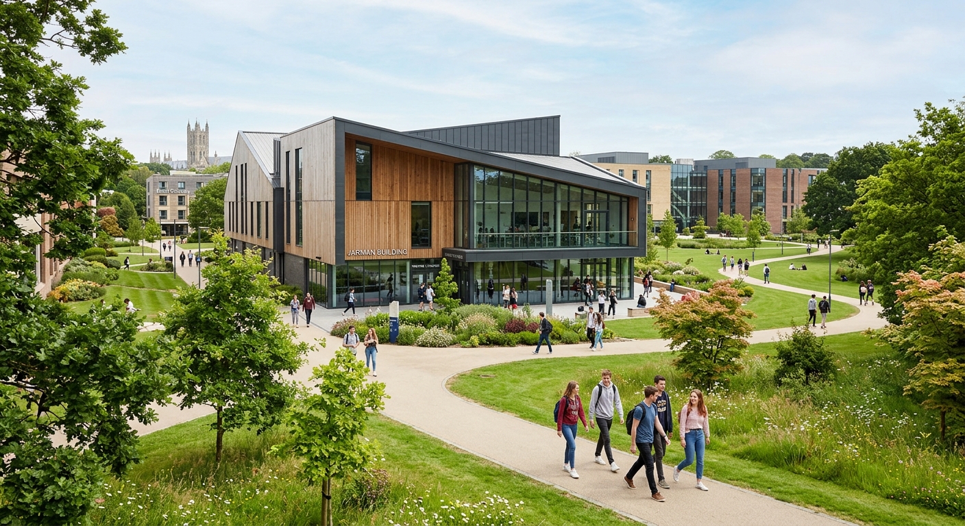 University of Kent Canterbury campus with the award-winning Jarman Building, featuring modern performance studios and theatre spaces surrounded by green parkland, students walking between buildings