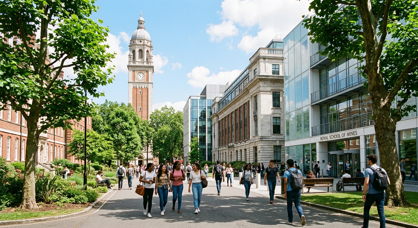 Imperial College London South Kensington campus with the iconic Queen's Tower, modern engineering buildings, and students walking through the tree-lined campus pathways on a bright day in London