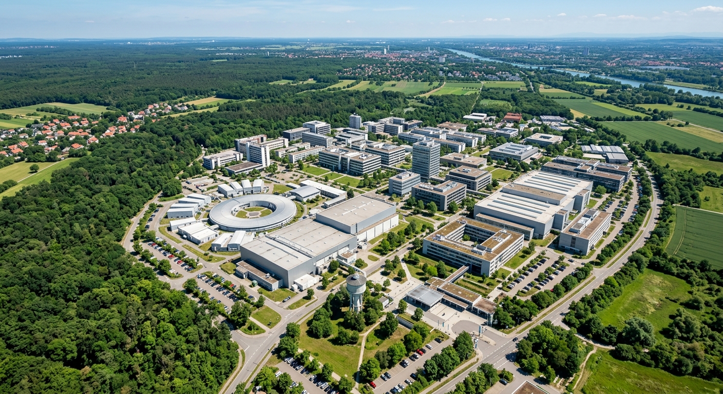 KIT Campus North aerial view showing large-scale research facilities, modern laboratory buildings, green surrounding landscape of northern Karlsruhe district