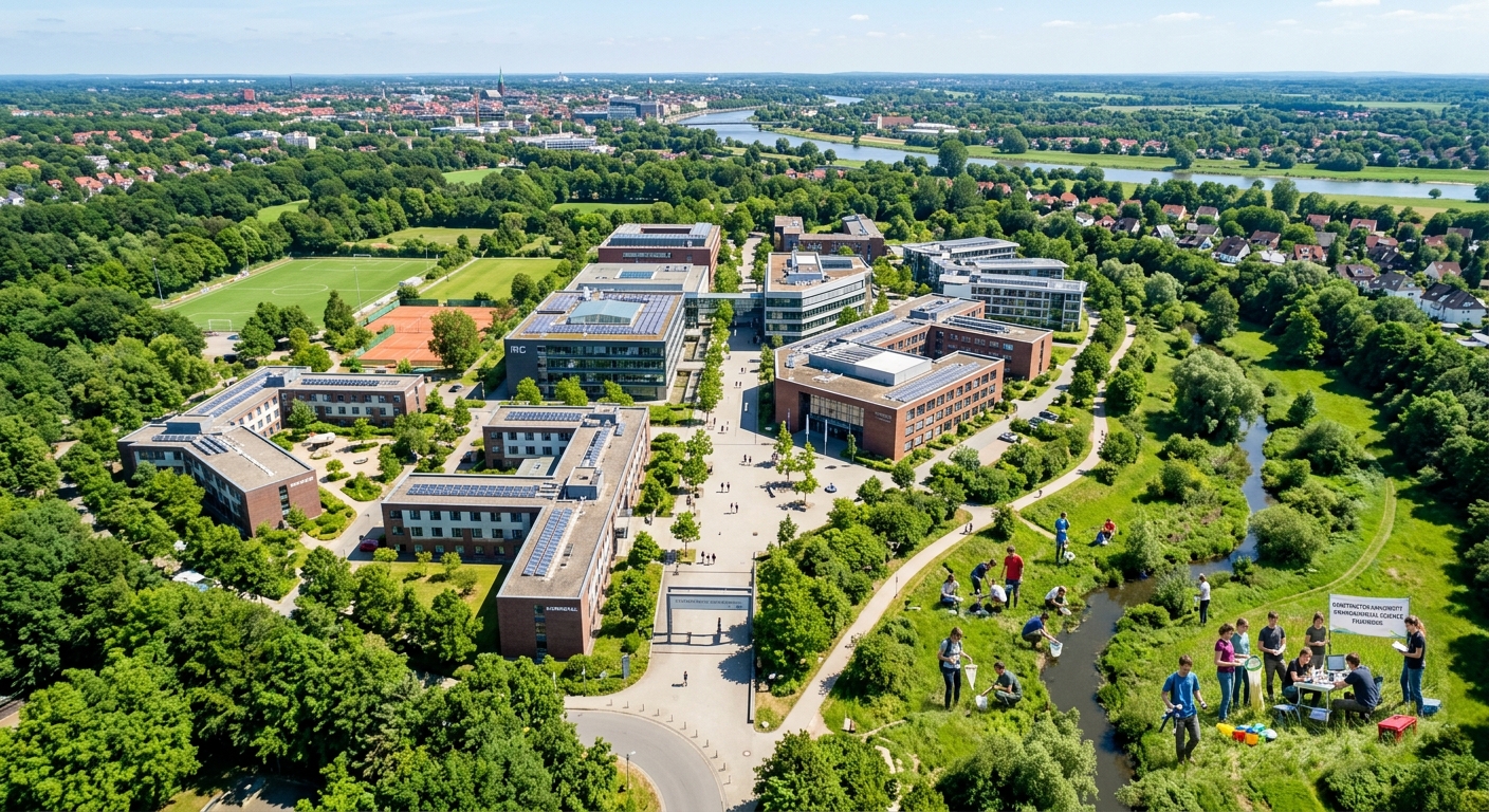 Aerial view of Constructor University campus in Bremen Germany with green parkland, modern academic buildings, residential colleges, and students conducting outdoor environmental fieldwork on a sunny day