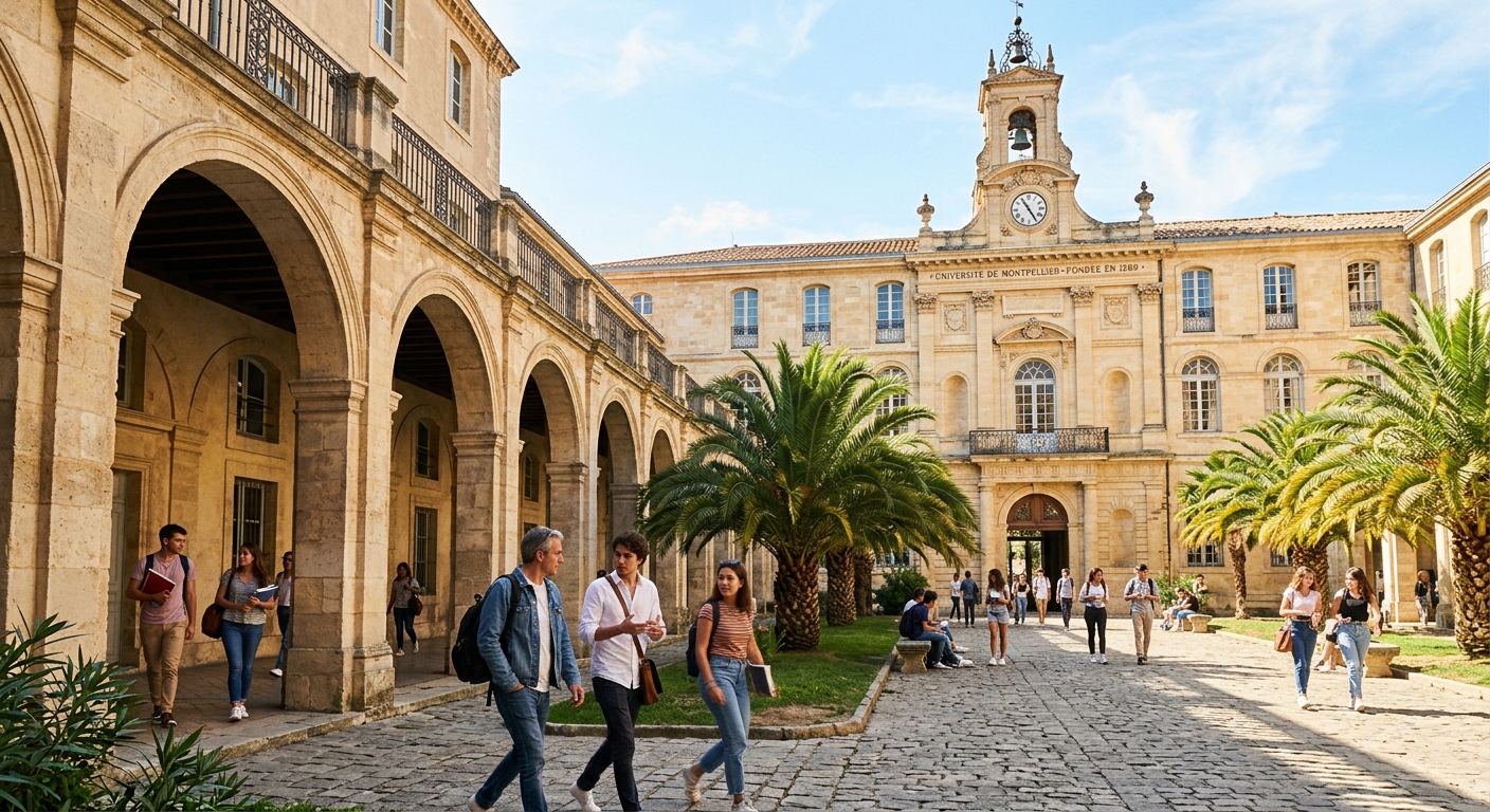 Historic stone university building at Université de Montpellier with Mediterranean architecture, palm trees lining the courtyard, students walking through arched corridors, bright southern French sunlight casting warm shadows