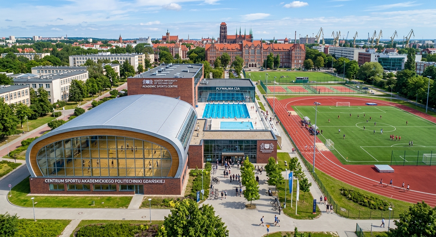 Academic Sports Centre at Gdansk University of Technology with modern indoor sports halls, swimming pool complex, athletic fields, and students engaged in various sports activities