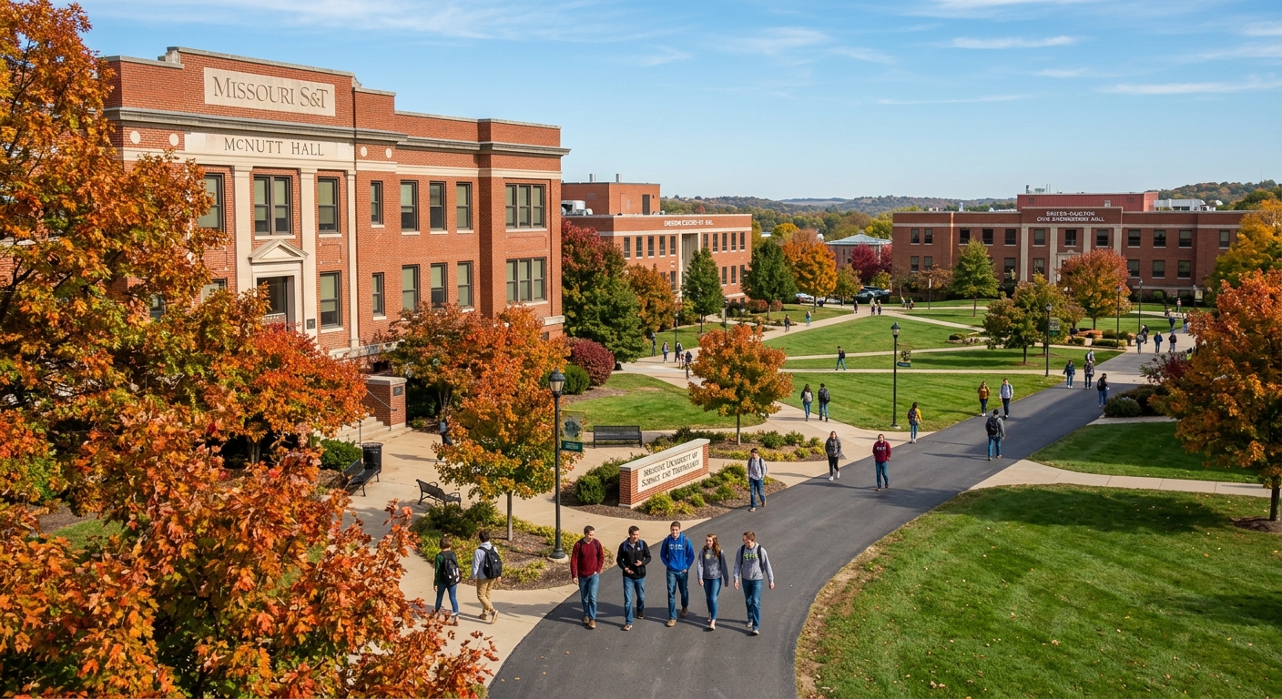 Missouri University of Science and Technology campus in Rolla, Missouri with red brick engineering buildings, green lawns, students walking with backpacks, autumn trees, and clear blue sky