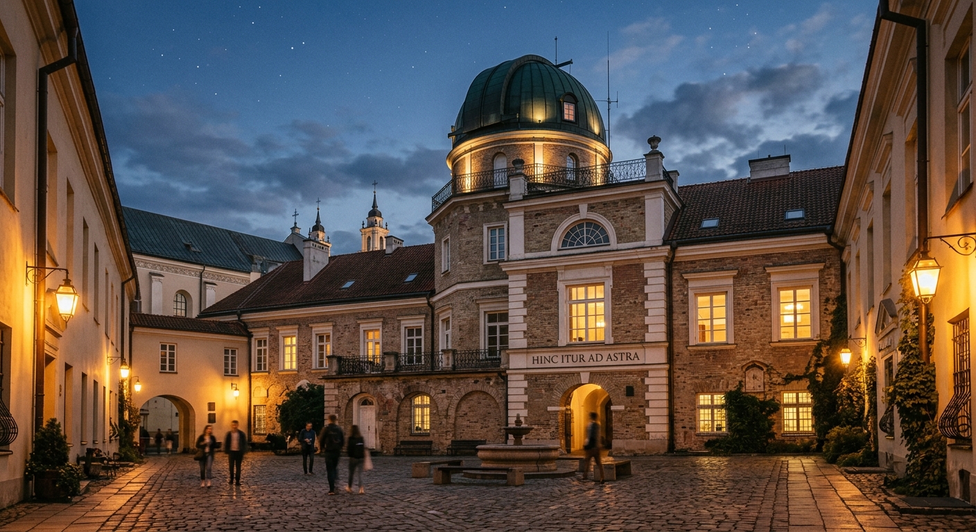 Vilnius University Observatory Courtyard, historic building with astronomical observatory dome, Latin inscription Hinc itur ad astra on the wall, warm lighting