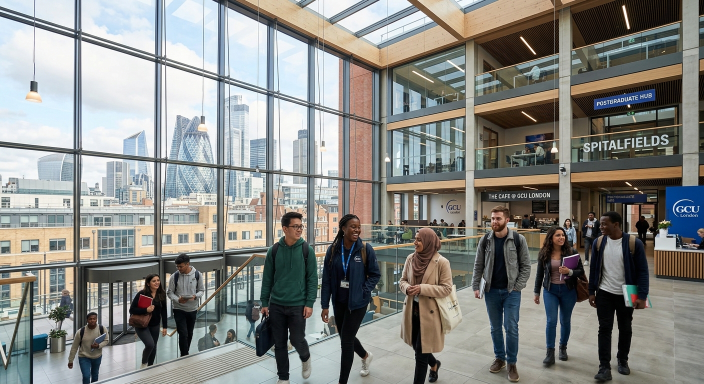 Modern GCU London campus building in Spitalfields, London, with diverse international postgraduate students walking through a bright atrium, city skyline visible through large glass windows