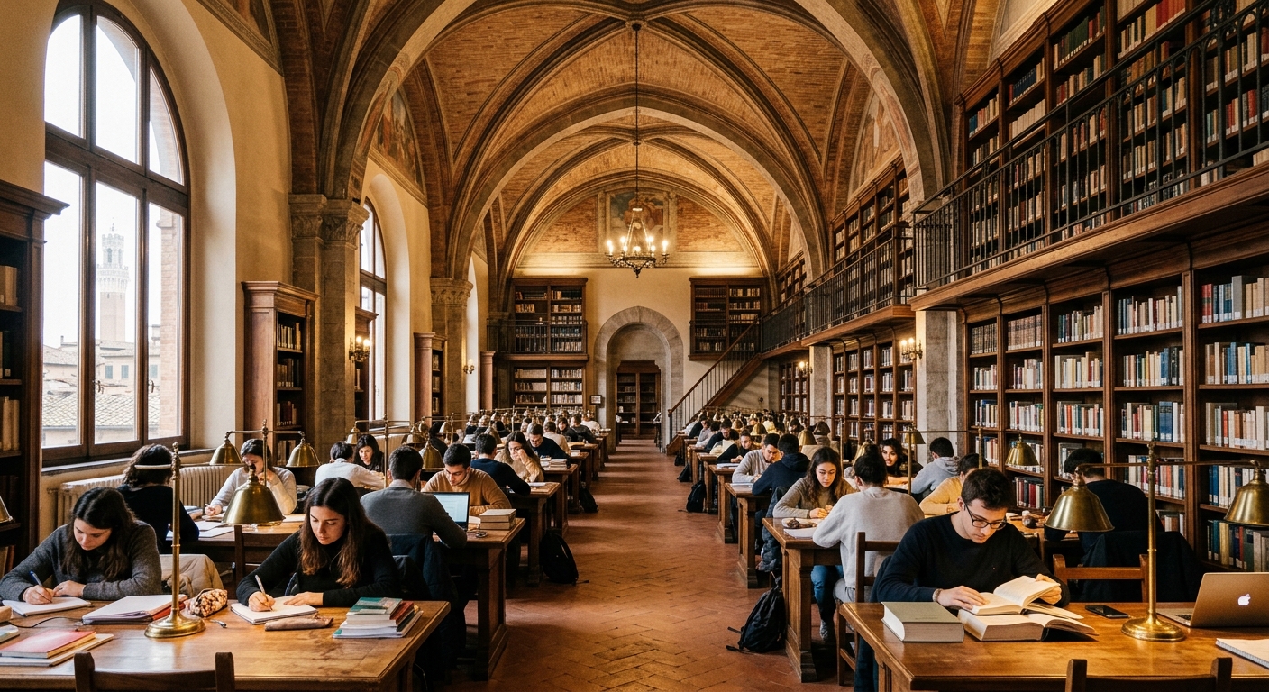 Interior of the University of Siena library with vaulted ceilings, wooden bookshelves, reading desks with students studying, warm ambient lighting