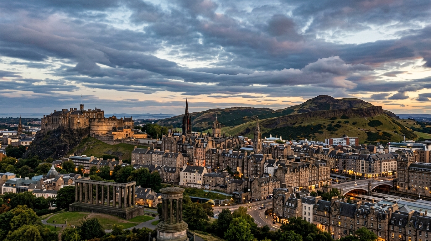 Edinburgh city skyline panorama, Edinburgh Castle on volcanic rock, historic Old Town rooftops, Arthur's Seat hill in background, dramatic Scottish sky with clouds