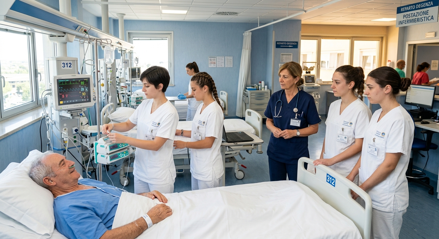 Nursing students in clinical training at Agostino Gemelli University Hospital in Rome, wearing white scrubs and practicing patient care under supervision, bright modern hospital ward with medical equipment
