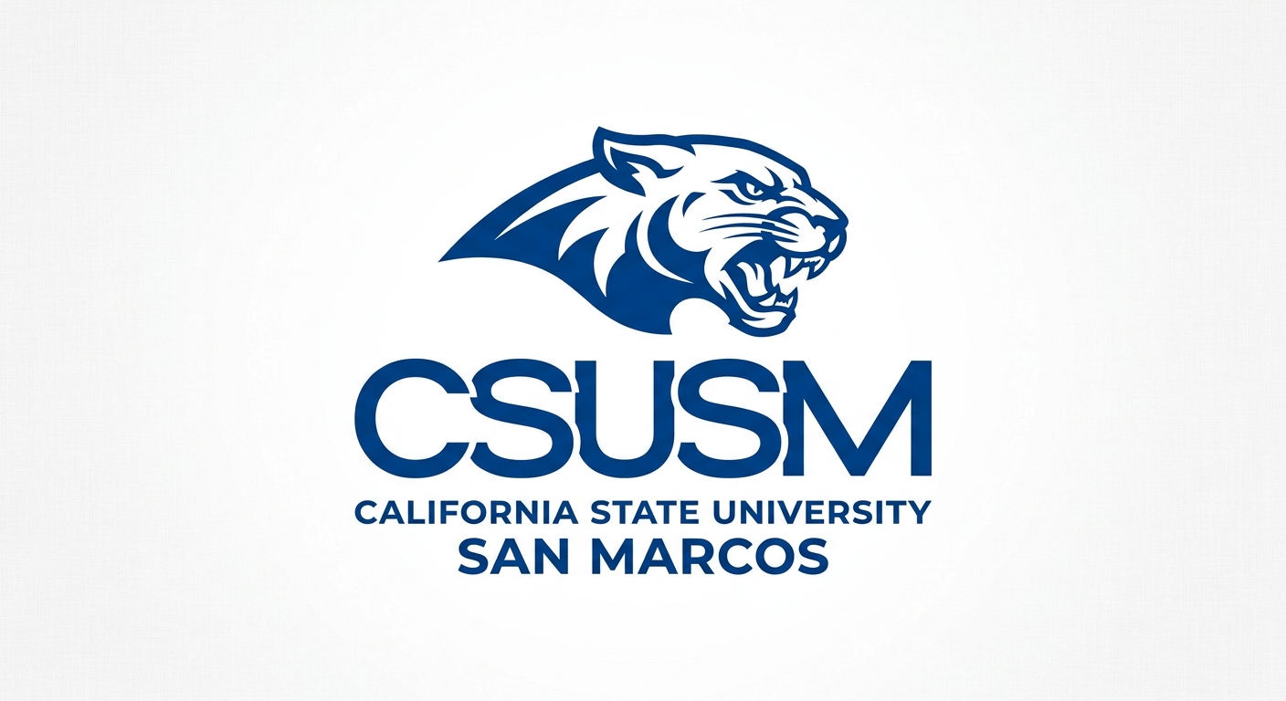California State University San Marcos official logo featuring CSUSM text with cougar mascot in spirit blue and white colors