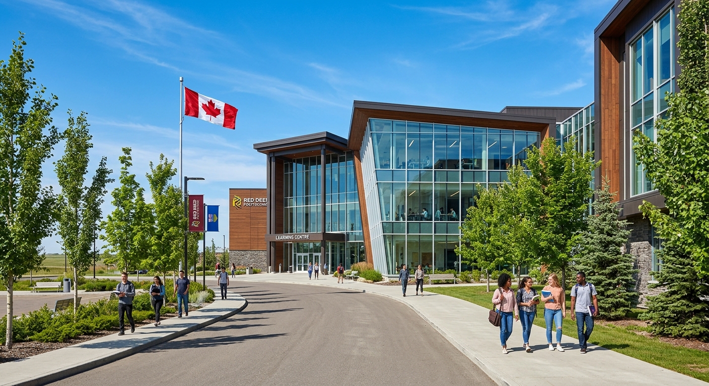 Modern polytechnic campus building in Red Deer Alberta Canada, students walking along tree-lined pathways, Canadian flag waving, clear blue prairie sky, contemporary architecture with large glass windows
