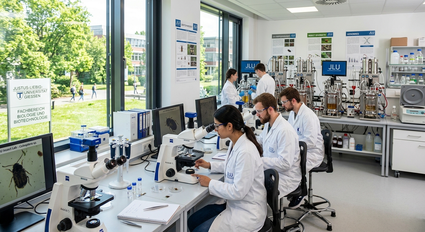 Modern biotechnology laboratory at Justus Liebig University Giessen with students examining insect specimens under microscopes, green campus visible through large windows, scientific equipment and bioreactors in the background