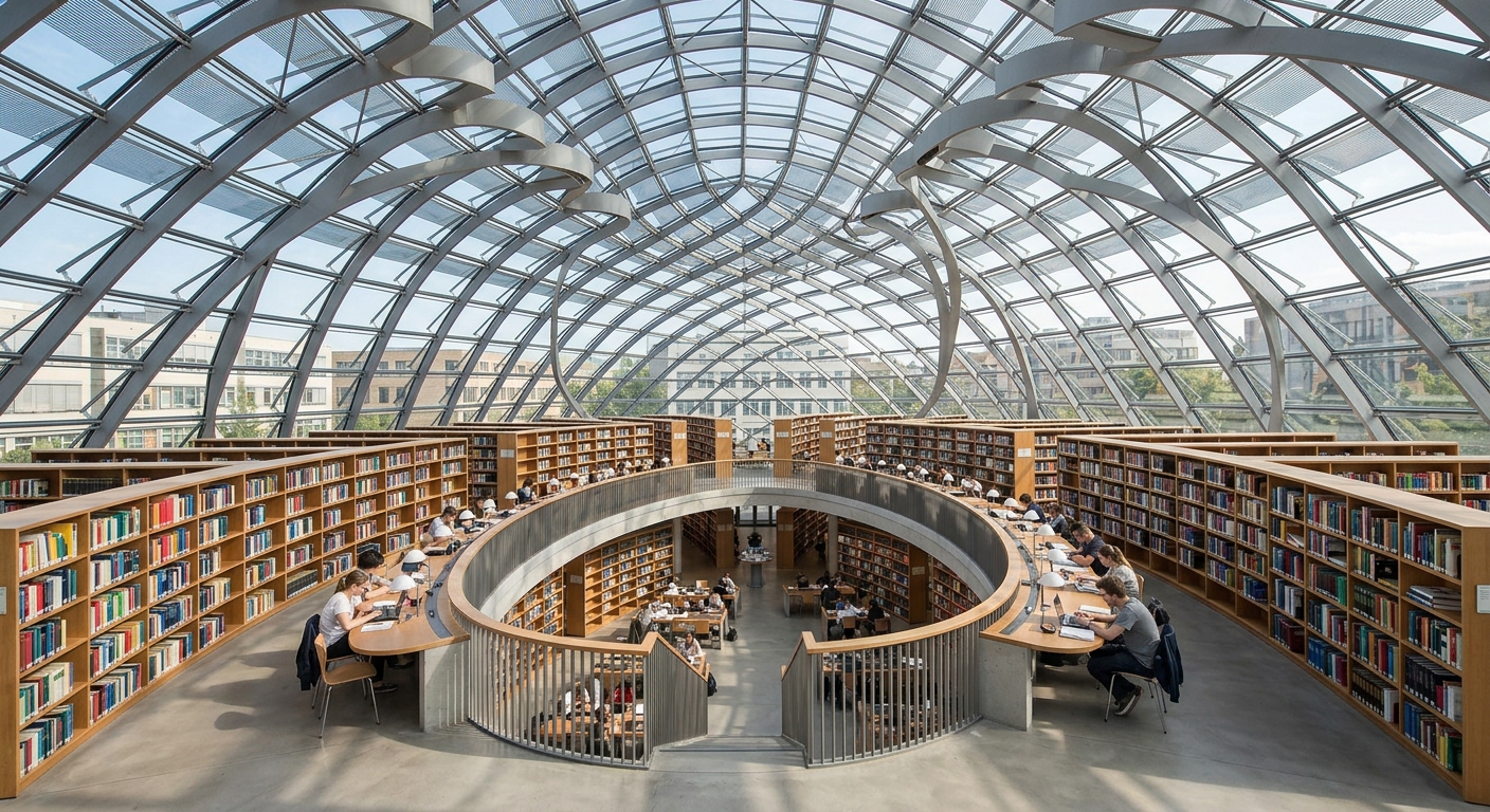 Norman Foster's Philological Library at Freie Universität Berlin, brain-shaped glass dome structure with curved aluminum panels, modern interior with bookshelves and natural light