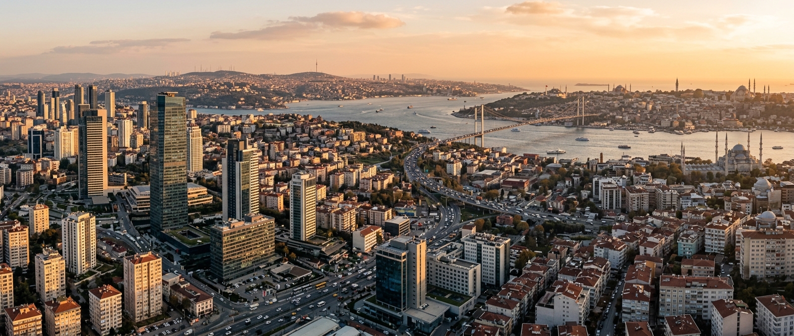 Panoramic view of Istanbul cityscape from Kağıthane district, Bosphorus strait in the distance, mix of modern skyscrapers and historic architecture, minarets visible, golden hour lighting