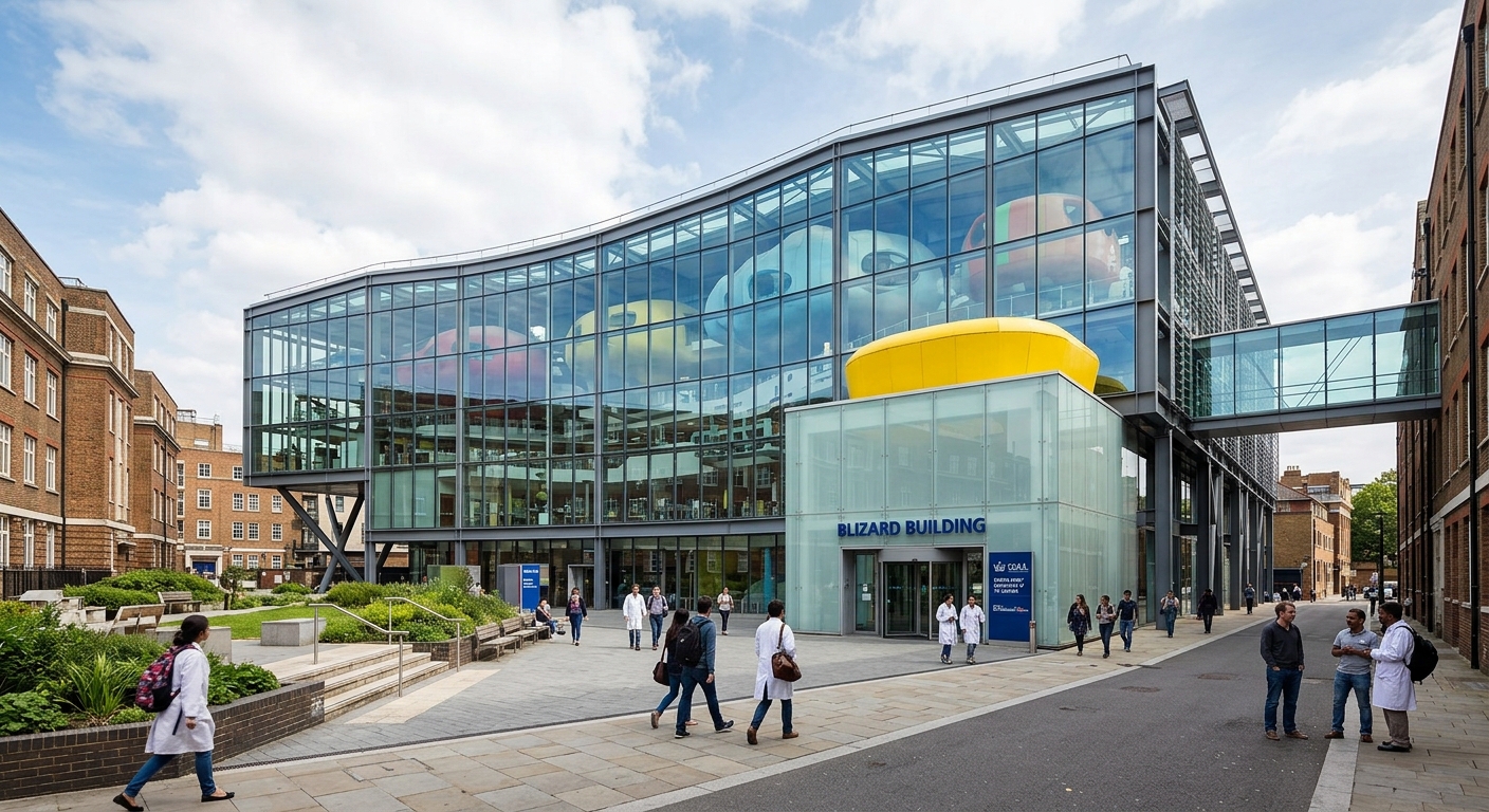 Blizard Building at Queen Mary University Whitechapel campus, striking modern glass and steel architecture designed by Will Alsop, medical research facility