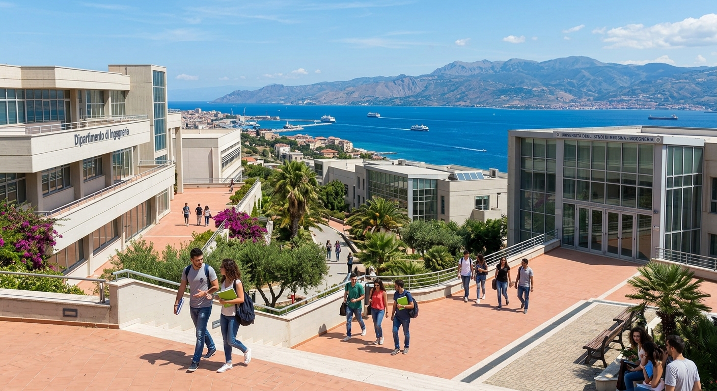 University of Messina engineering campus with modern buildings overlooking the Strait of Messina, Sicily, sunny Mediterranean setting with students walking between lecture halls