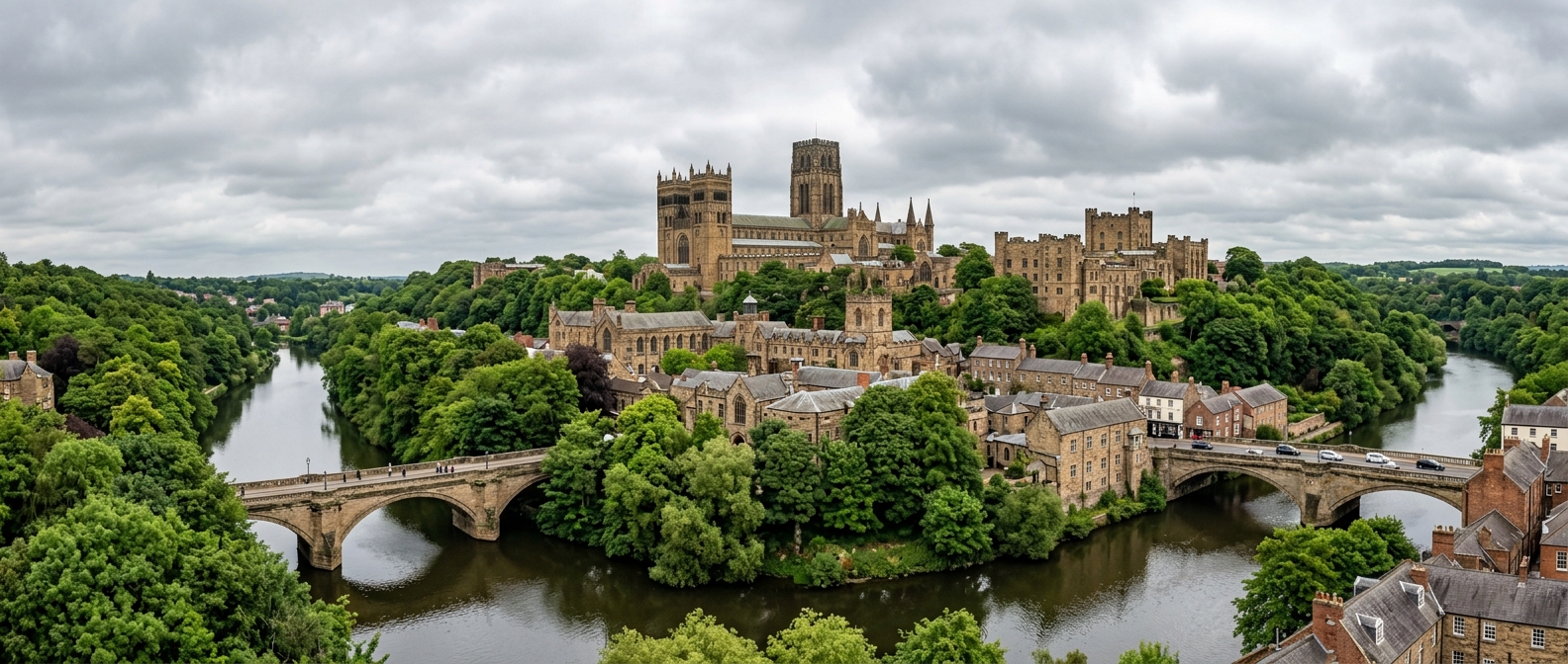 Durham University panoramic view featuring Durham Cathedral and Castle on the hilltop above the River Wear, historic stone buildings surrounded by lush green trees, overcast English sky with soft light