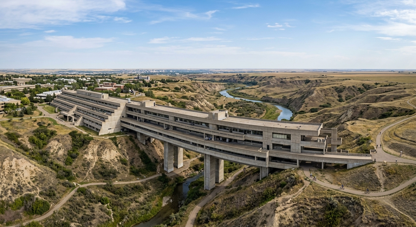 University Hall at the University of Lethbridge, a striking brutalist concrete building designed by Arthur Erickson, spanning across the coulees with the prairie landscape stretching to the horizon