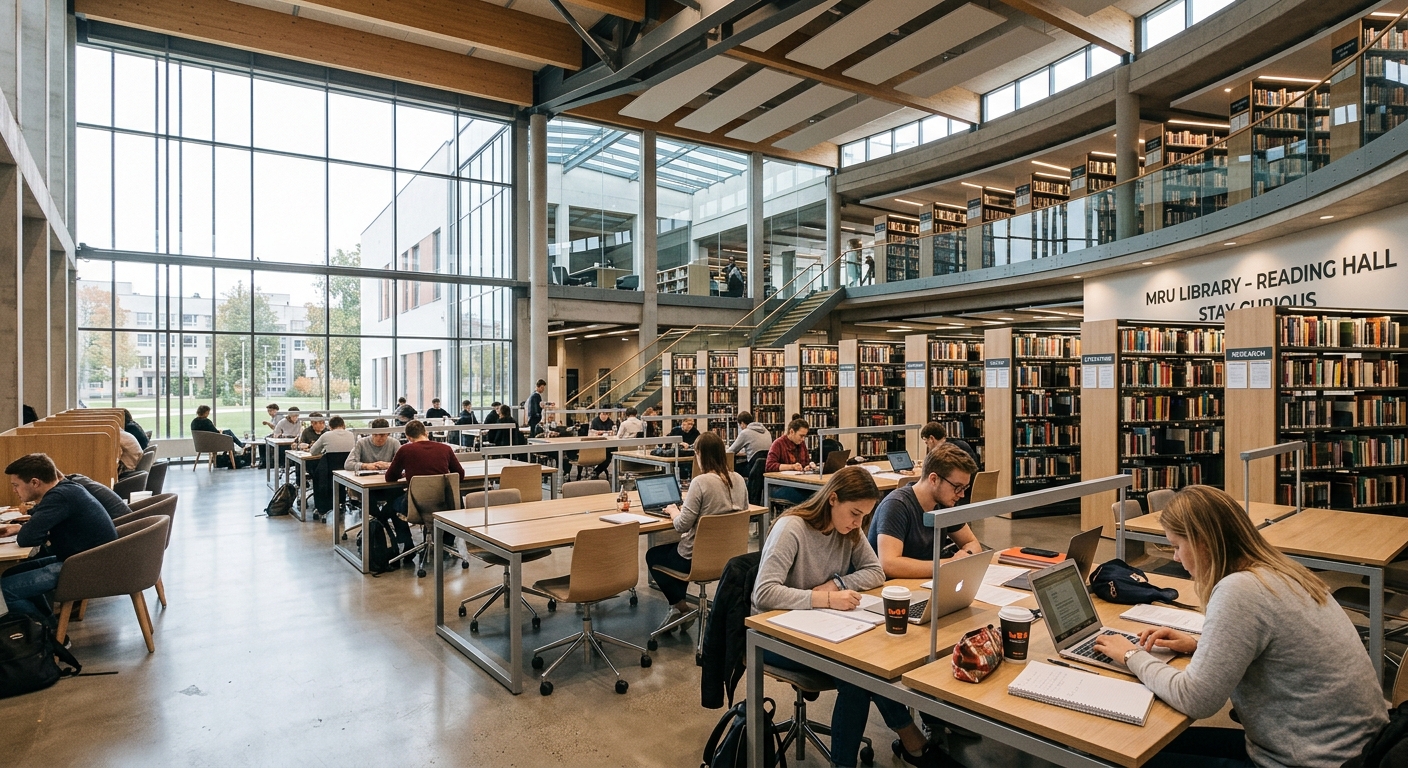 MRU university library interior, spacious reading area with natural light, modern bookshelves, students studying at tables, contemporary academic library design